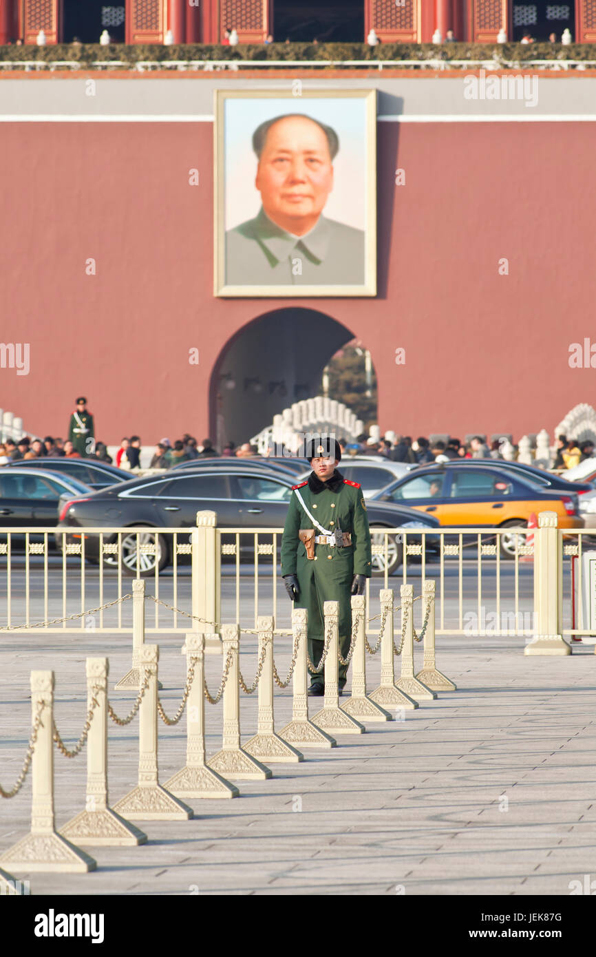 BEIJING–JAN. 17. Honor guard at Tiananmen. Honor guards are provided by the People's Liberation Army at Tiananmen Square for flag-raising ceremony. Stock Photo