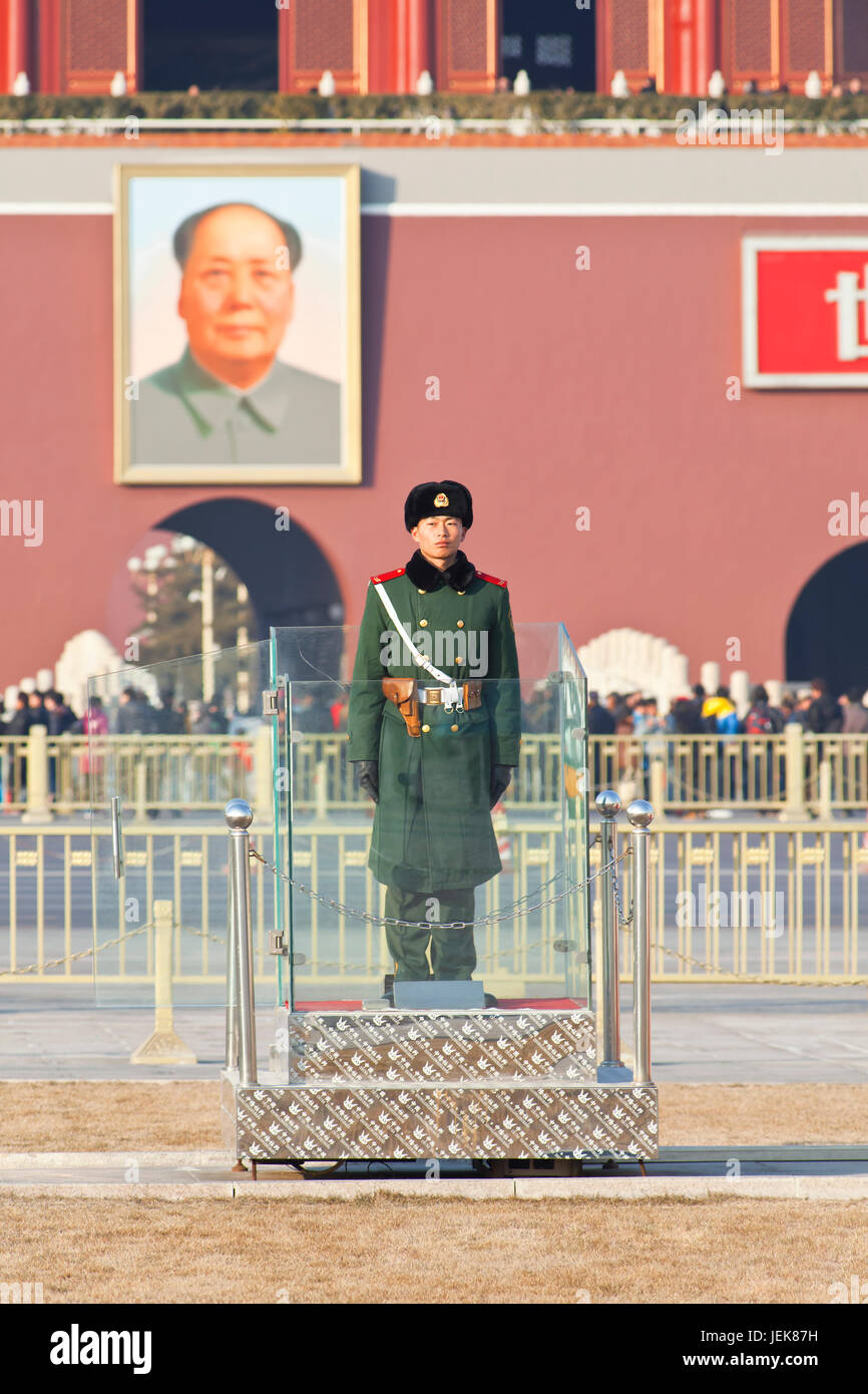 BEIJING–JAN. 17. Honor guard at Tiananmen. Honor guards are provided by the People's Liberation Army at Tiananmen Square for flag-raising ceremony. Stock Photo