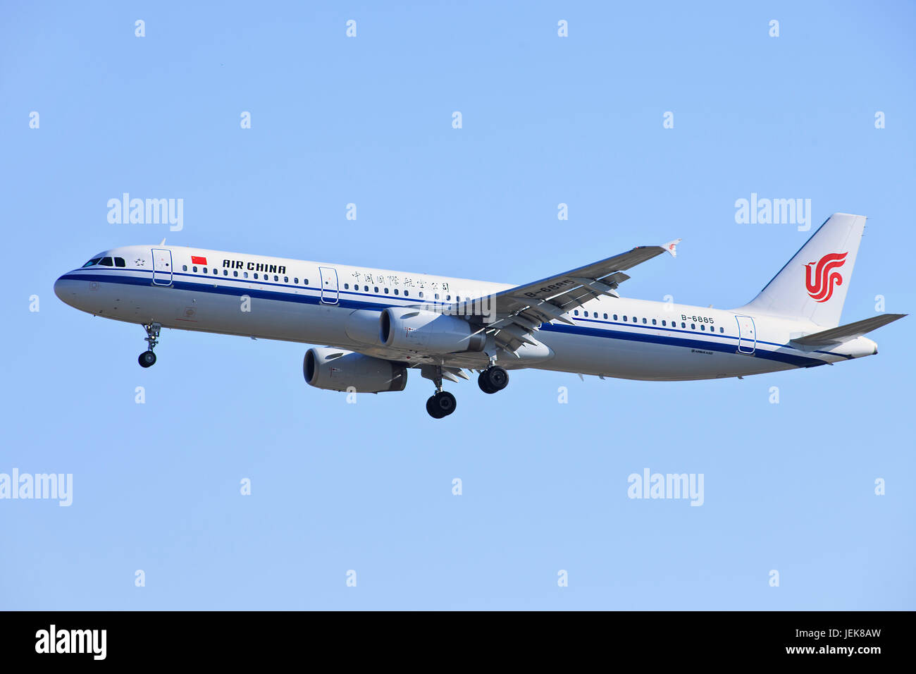 BEIJING-DEC. 9. Airbus 321-231, B-6885 from Air China landing. Airbus A321 is a two-engined short- to medium-range narrowbody airliner. Stock Photo