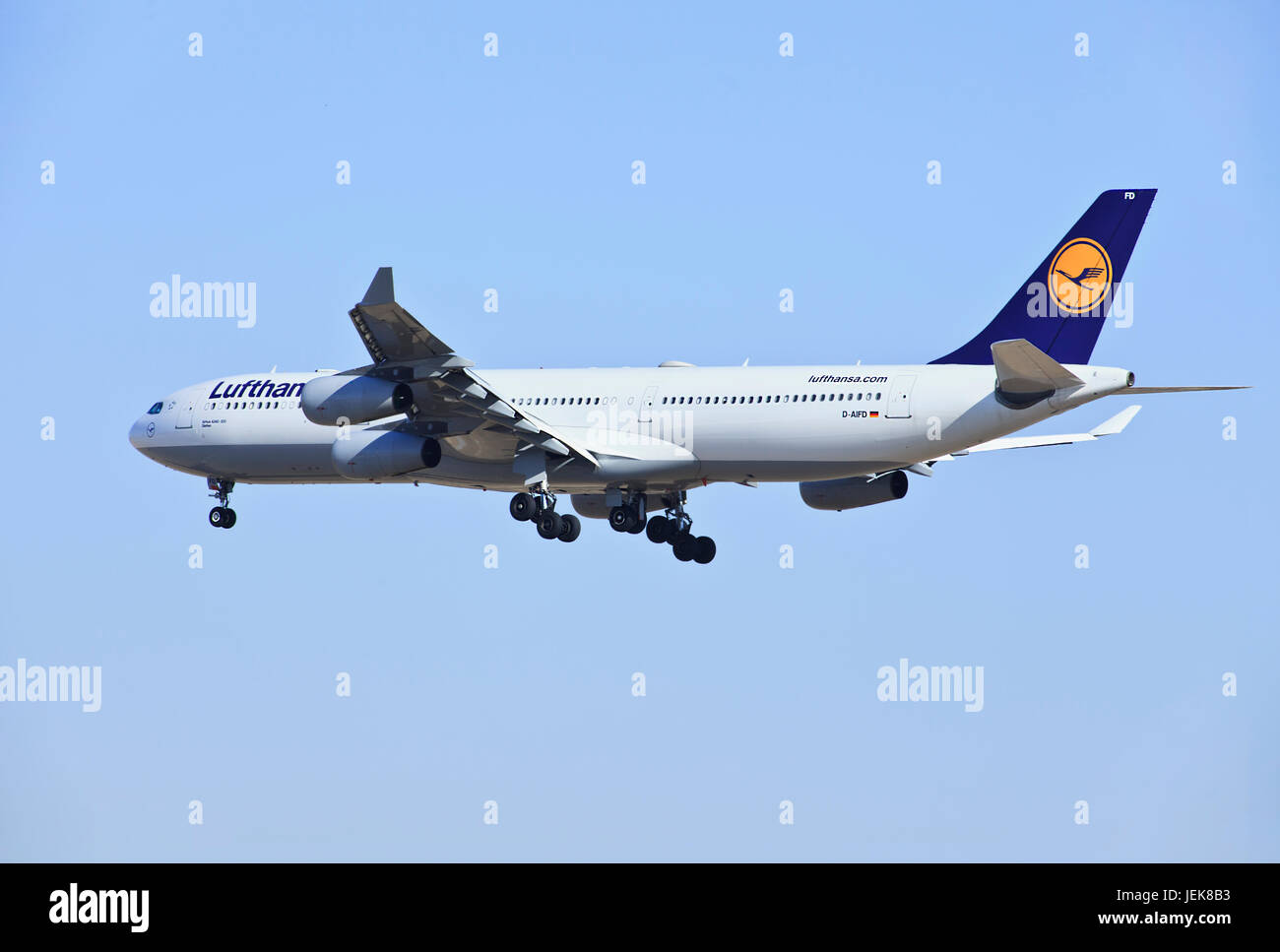 BEIJING-DEC. 9. Lufthansa Airbus A340-313X, D-AIFD landing. Airbus A340 is a long-range four-engine wide-body commercial passenger jet airliner. Stock Photo
