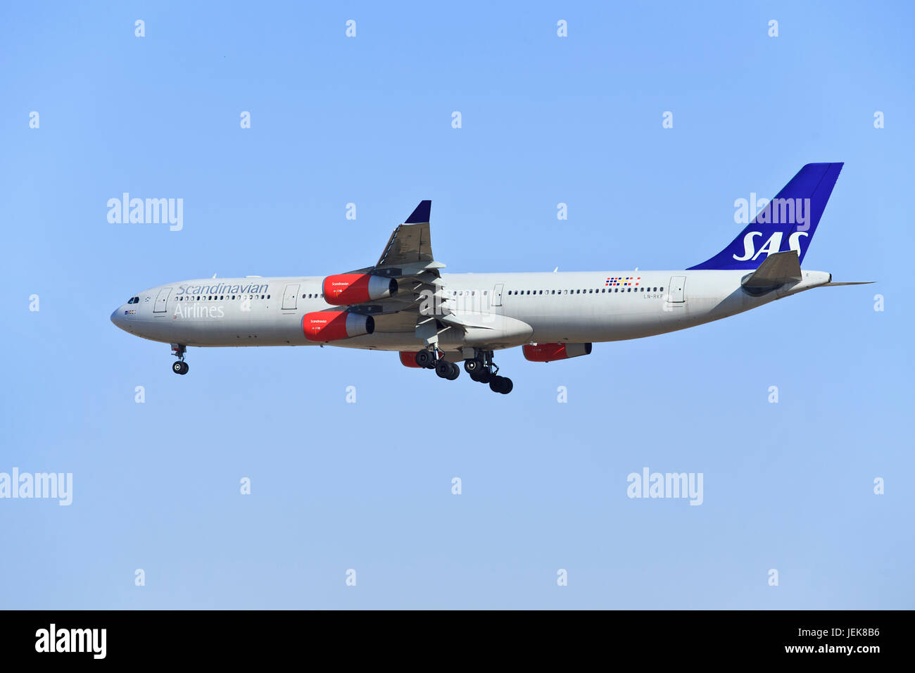 BEIJING-DEC. 9. SAS Airbus A340-313X, LN-RKF landing. Airbus A340 is a long-range four-engine wide-body commercial passenger jet airliner. Stock Photo