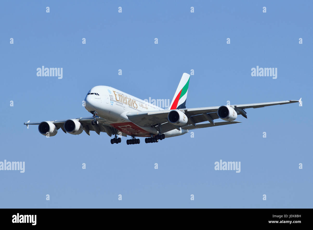 BEIJING-MAY 10. Emirates Airbus A380-861 A6-EDR landing. Double-deck, wide-body, four-engine jet airliner. The world's largest passenger airliner. Stock Photo