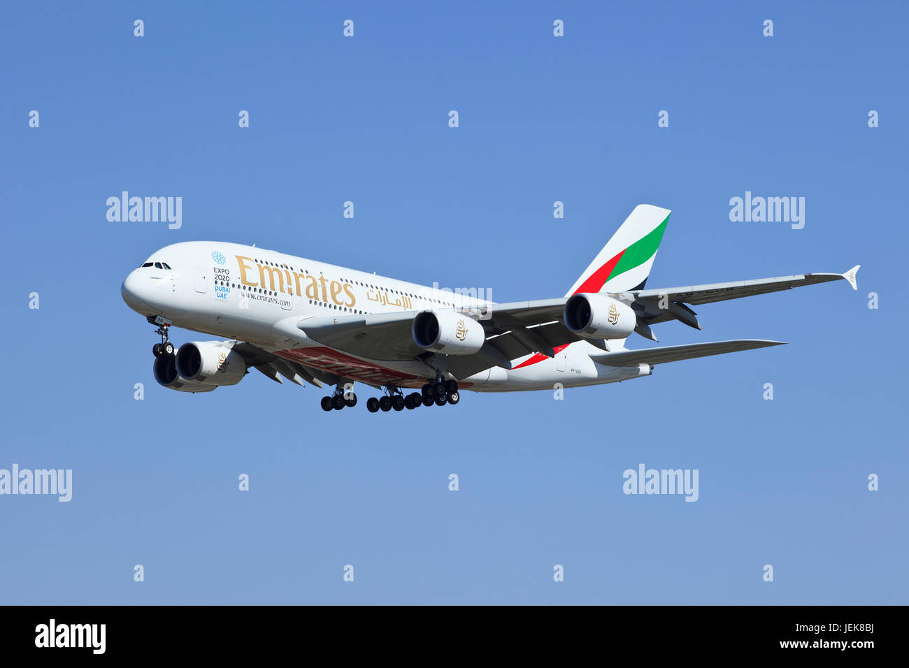 BEIJING-MAY 10. Emirates Airbus A380-861 A6-EDR landing. Double-deck, wide-body, four-engine jet airliner. The world's largest passenger airliner. Stock Photo