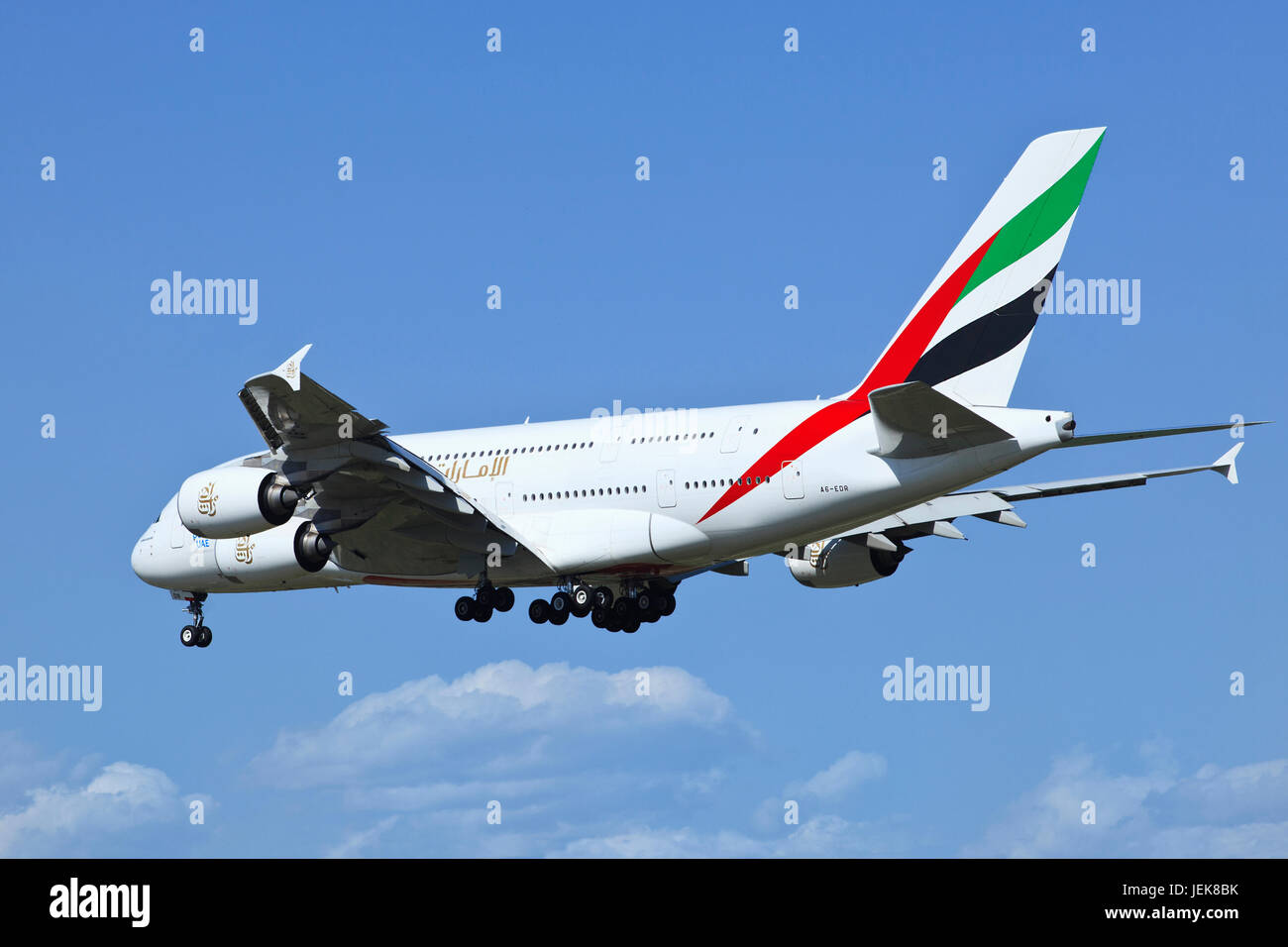BEIJING-MAY 10. Emirates Airbus A380-861 A6-EDR landing. Double-deck, wide-body, four-engine jet airliner. The world's largest passenger airliner. Stock Photo