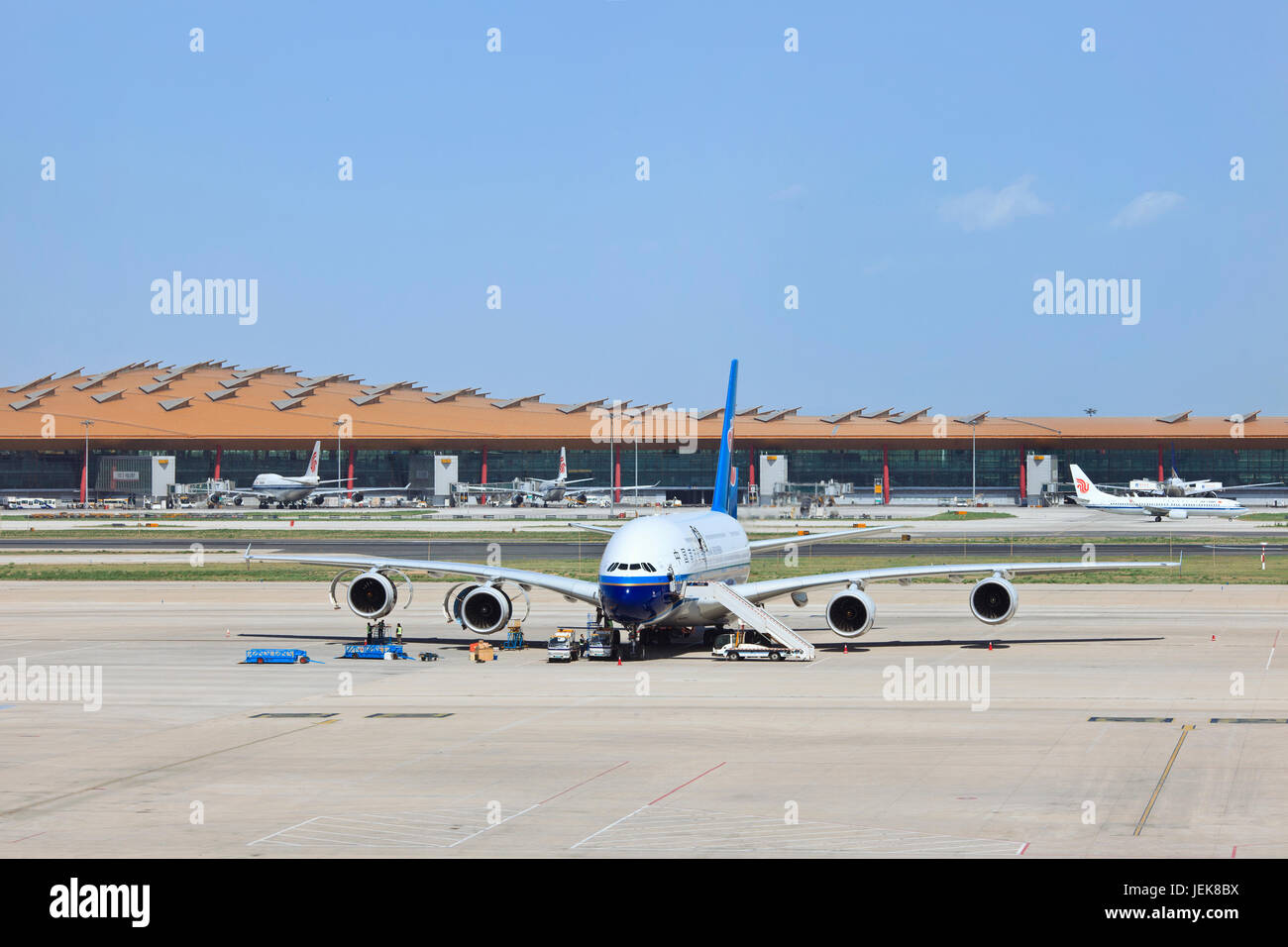 BEIJING-MAY 11. Airbus A380-861 on Capital Airport. A double-deck, wide-body, four-engine jet airliner. The world's largest passenger airliner. Stock Photo