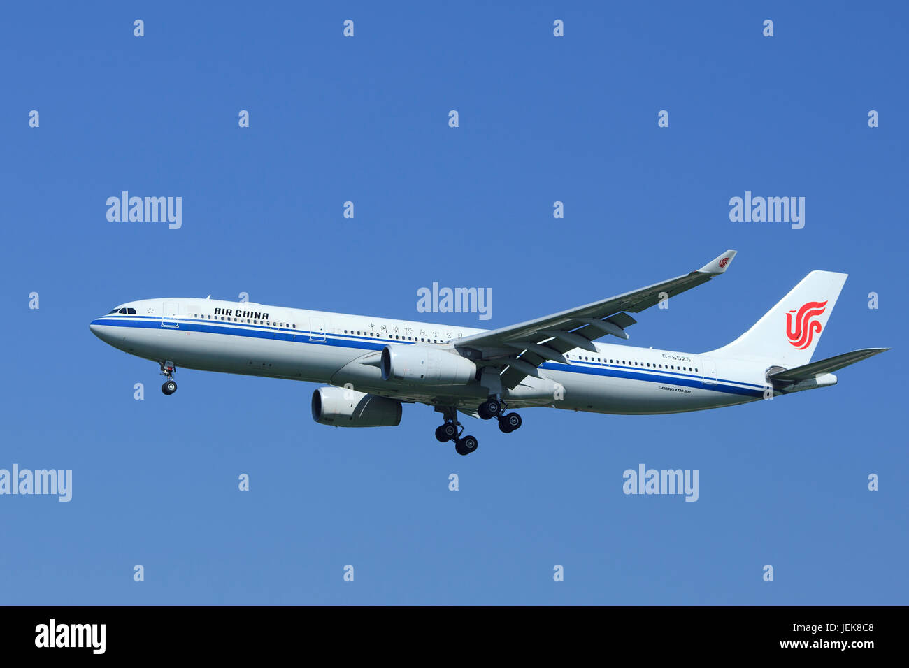 BEIJING-JULY 5. Air China Airbus A330-300, B-6525 is landing. It is a long-range wide-body twin-engine jet airliner, capacity 300 passengers. Stock Photo