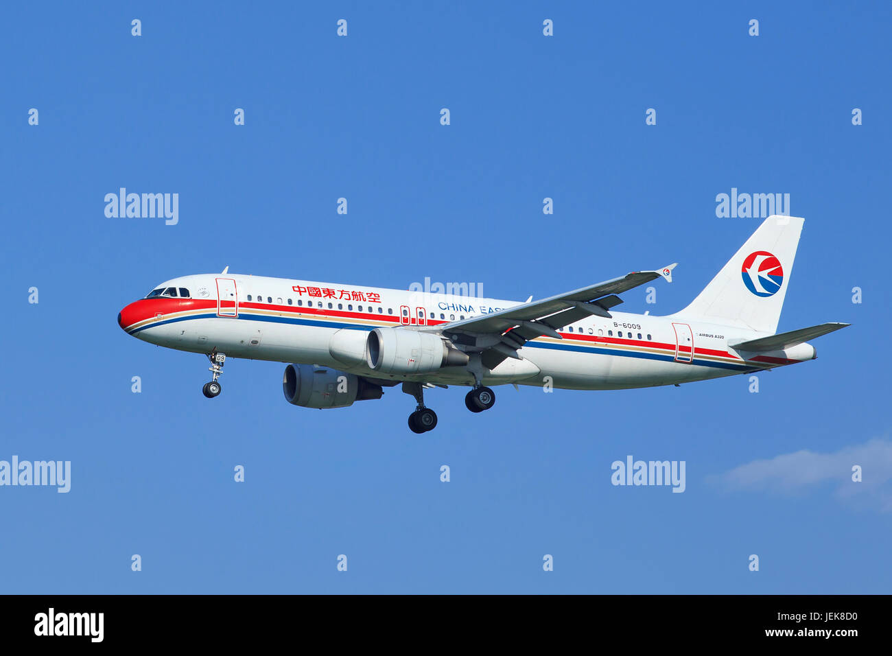 BEIJING-JULY 5. China Eastern Airbus 320-214, B-6009. Airbus A320 family consists of short- to medium-range, narrow-body, commercial jet airliners. Stock Photo
