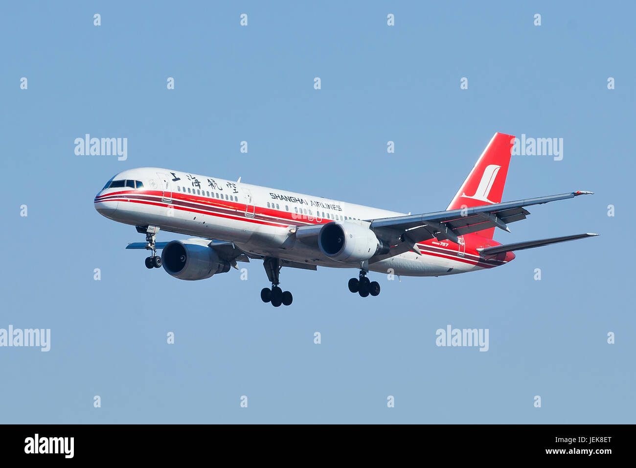 BEIJING–MARCH 6, 2014. Shanghai Airlines Boeing 757, B-2843. Boeiing’s largest single-aisle passenger aircraft, produced from 1981 to 2004. Stock Photo