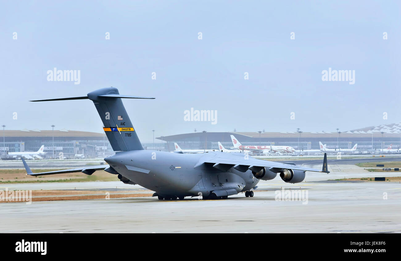 BEIJING-OCT. 4, 2014. US Air Force 77185, C-17 Globemaster III landed on Beijing Capital International Airport. Stock Photo