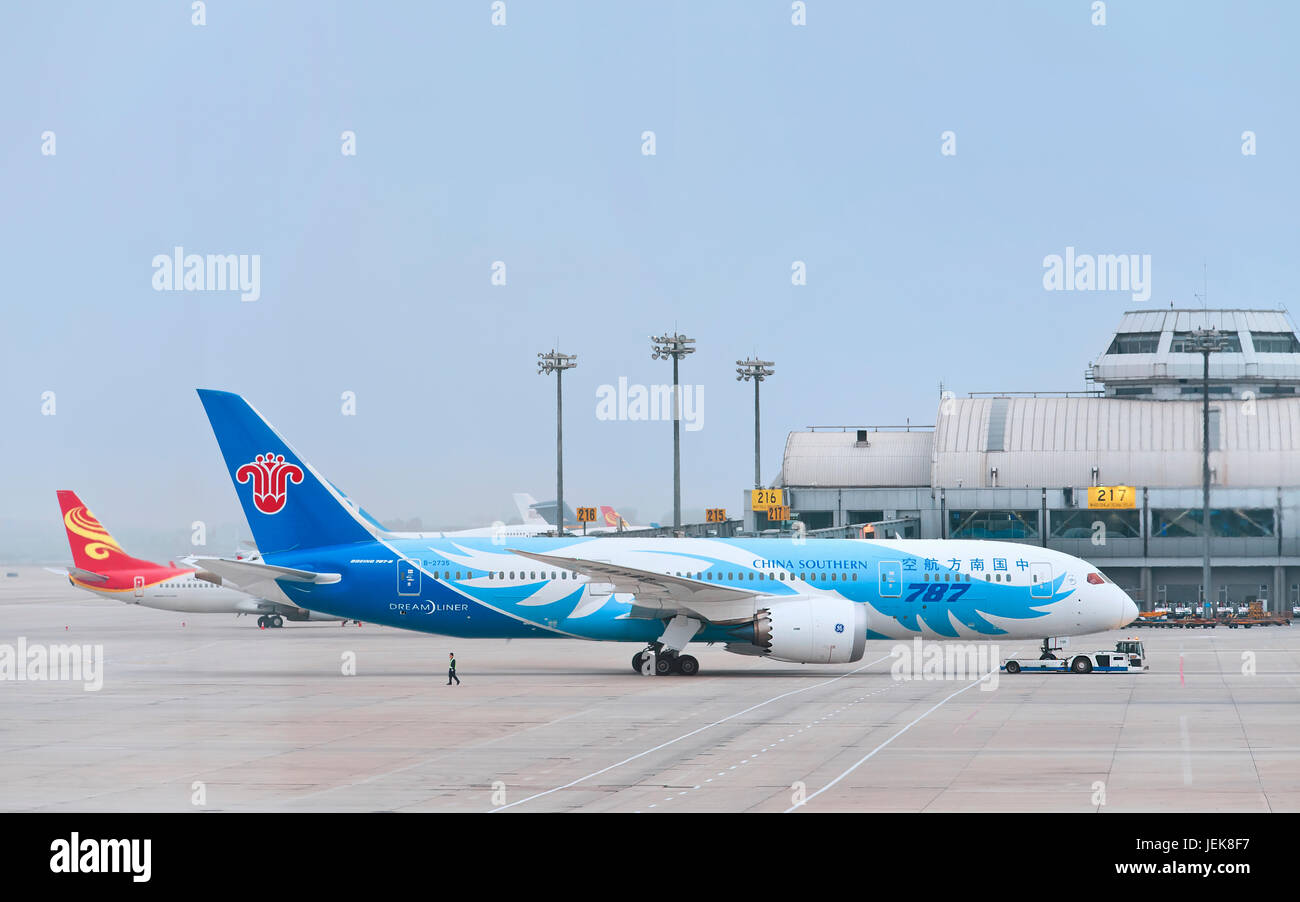 BEIJING-OCT. 4, 2014. B-2735, 787-8 Boeing Dreamliner on Beijing Capital Airport. A wide-body jet airliner officially announced in 2005. Stock Photo