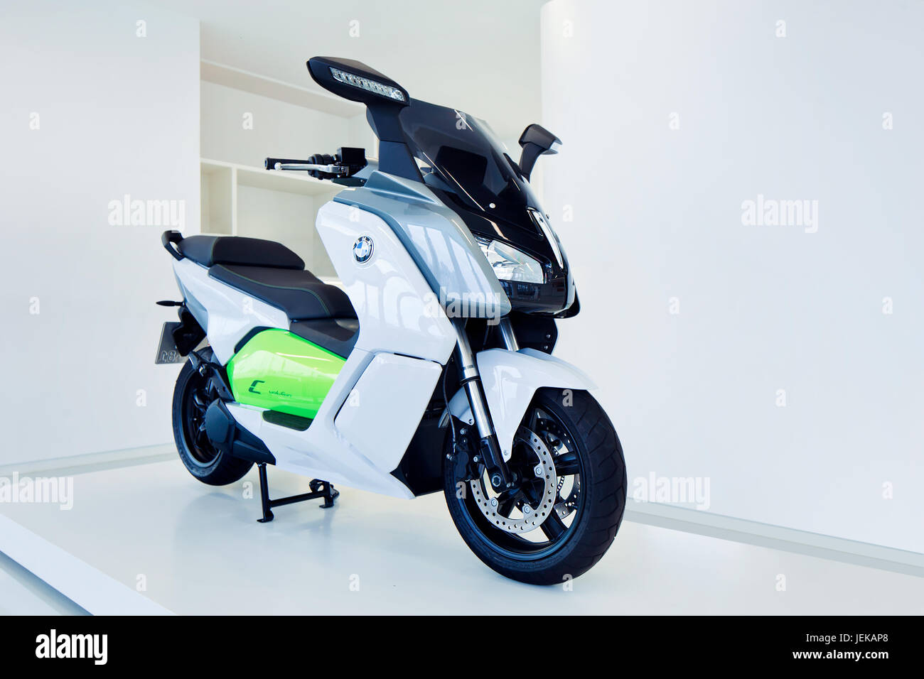 BMW C Evolution e-scooter near-production prototype. It has a powerful motor, output of 11 kW and peak output of 35 kW, maximum speed of 75 mph. Stock Photo