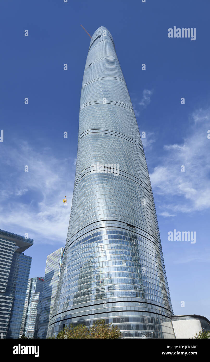 The 632m Shanghai Tower against a blue sky. It is the tallest in China and second in the world. Design by Gensler, Stock Photo