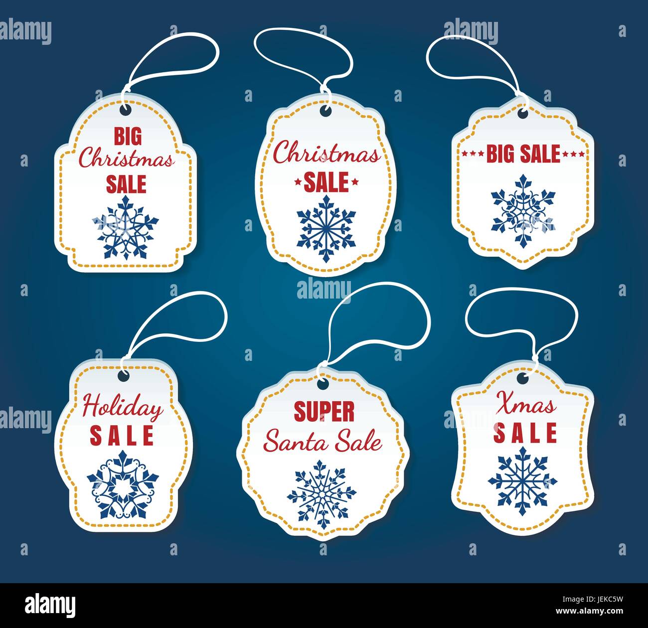Christmas sale tags isolated on blue background. Vector white xmas special offer badges Stock Vector