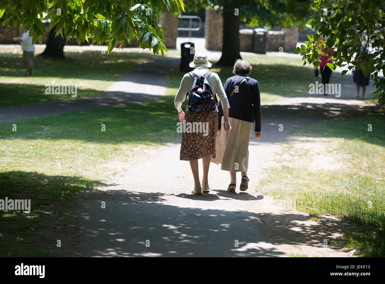 Pic by Guy Newman. 15.07.2013. Active pensioners with rucksacks enjoy a walk in the sunshine through The Byes, Sidmouth, Devon. Stock Photo