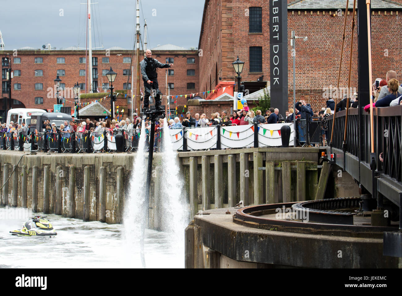 Jet Pack Man Jay St John a local man from Wirral entertains the crowds at the Mersey River Festival Stock Photo
