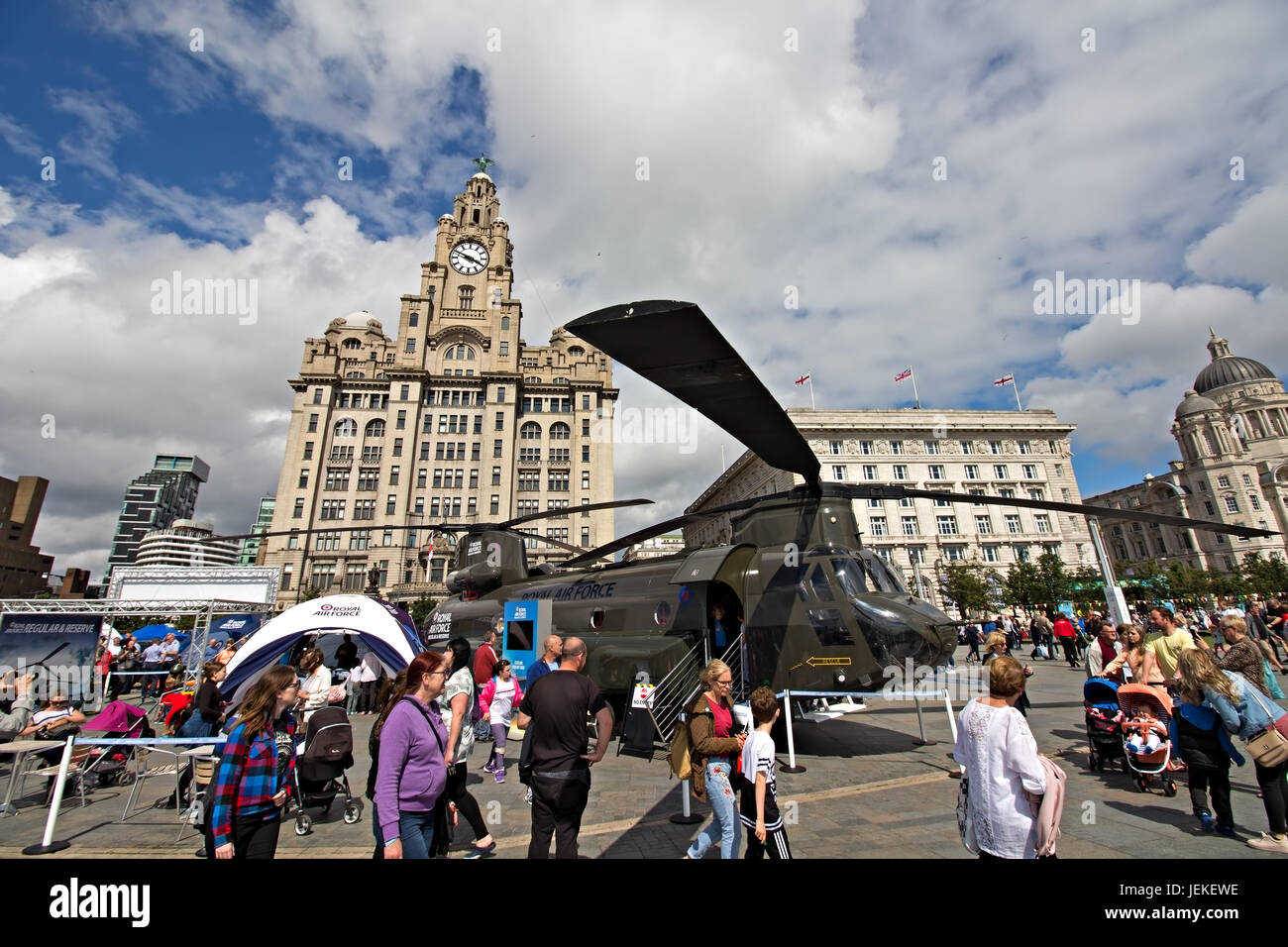 Chinook helicopter, part of the static army display at the Pier Head Liverpool to take part in the Armed Forces Day celebrations. Stock Photo
