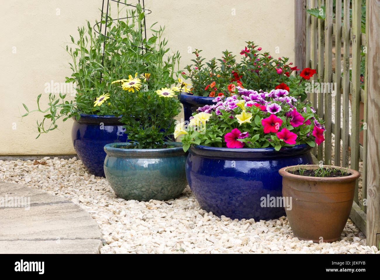 Pots of flowers in a small garden Stock Photo