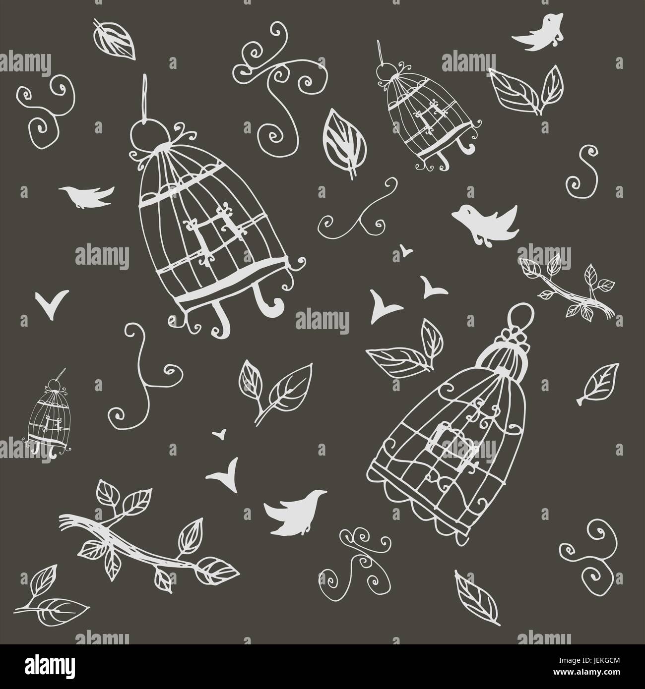 Vintage birds and birdcages in grey color Pattern Wallpaper Vintage birds and birdcages in grey color Pattern Wallpaper