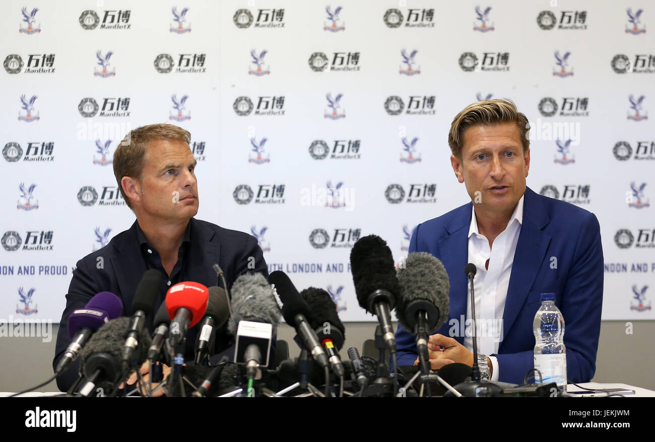 New Crystal Palace Manager Frank De Boer (left) and Steve Parish (right) during the press conference at Beckenham Training Ground, Kent. Stock Photo