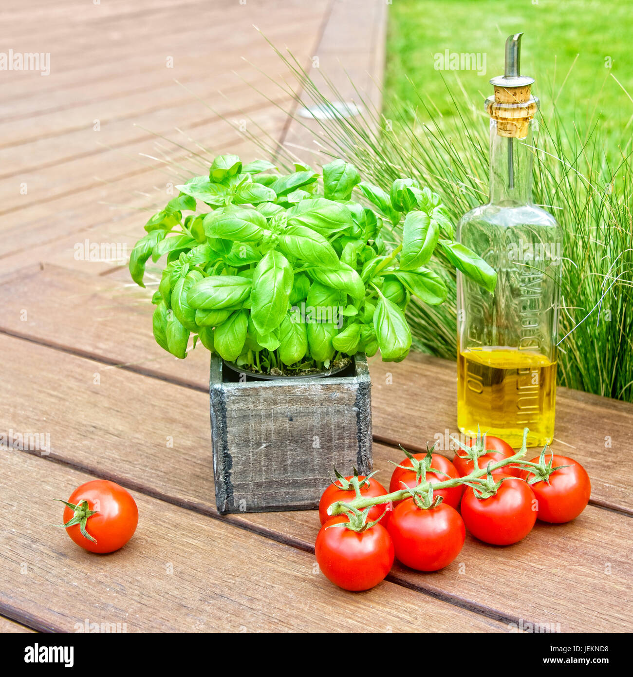 Basil, olive oil and tomatoes, summer italian and mediterranean food concept Stock Photo