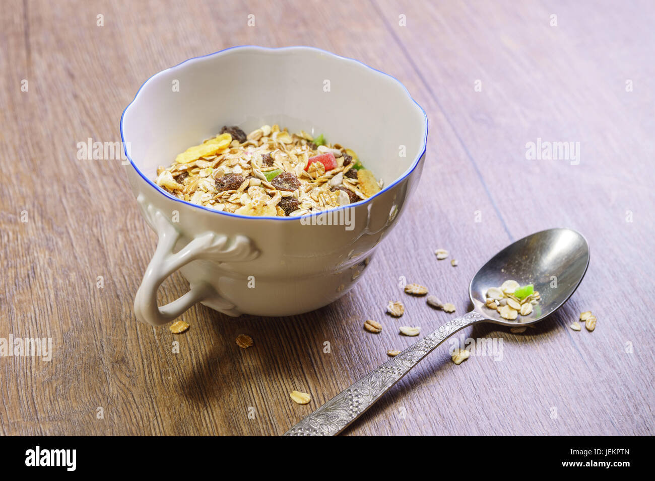Healthy breakfast with flakes and dry fruits Stock Photo
