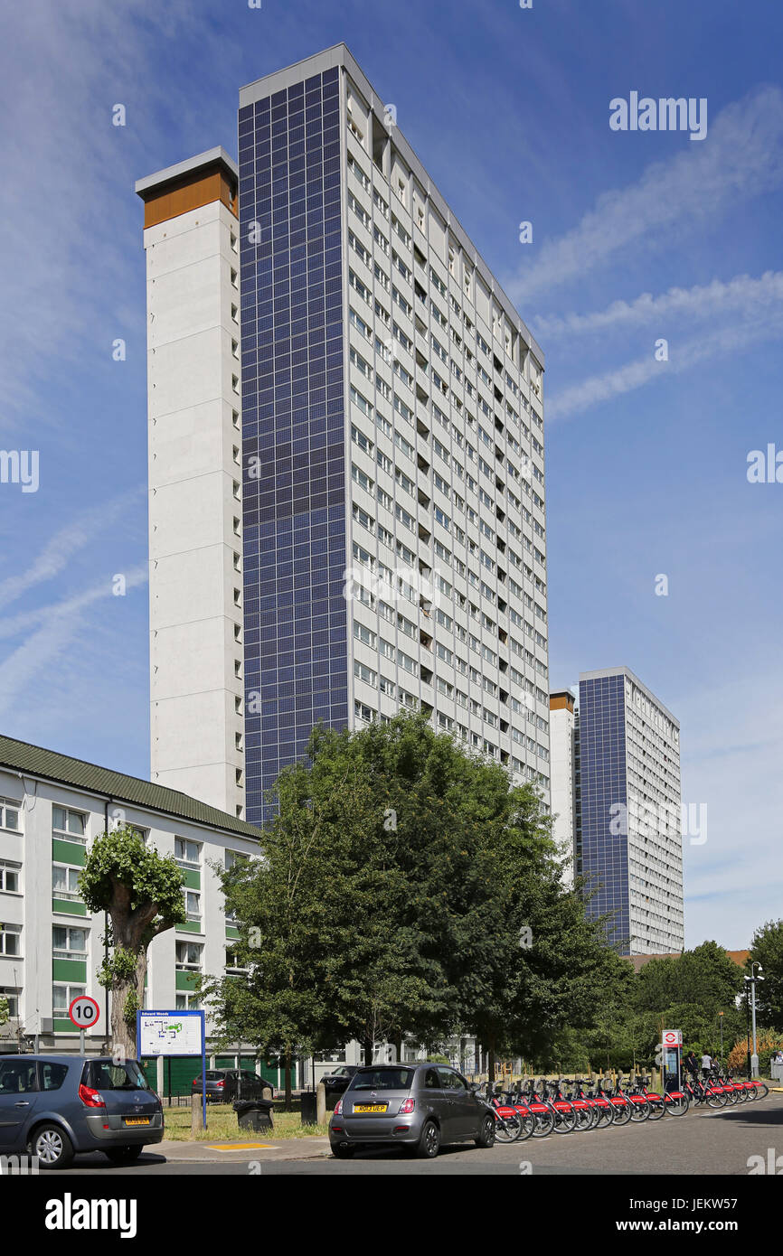 Solar panels fixed to the south-facing elevations of coulcil tower blocks on the Edward Woods estate in north Kensington, London. Stock Photo