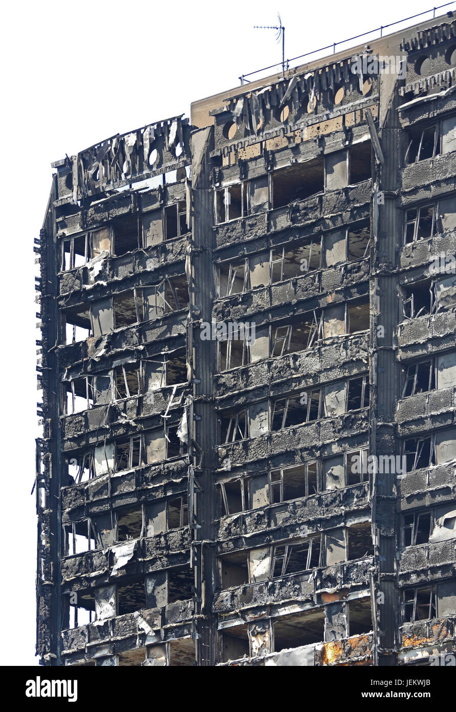 Close-up of the burnt-out shell of Grenfell House, London, UK. The 23 storey residential block was destroyed by fire, June 2017. At least 79 dead. Stock Photo