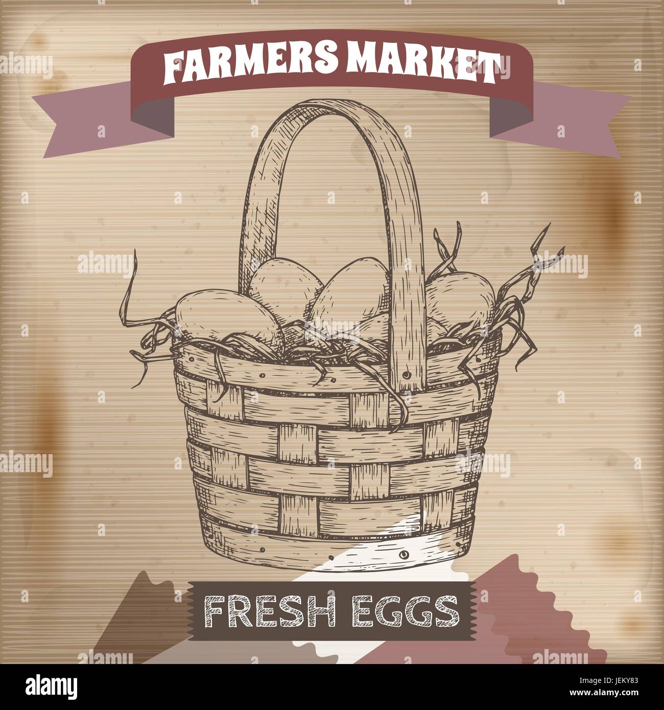 Vintage farmers market label with egg basket. Stock Vector