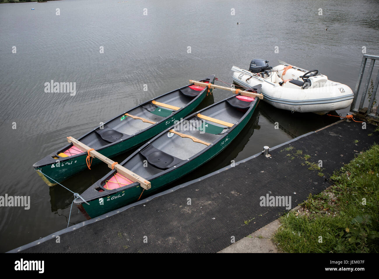 Tandem canoes joined together at Yeadon Tarn, Leeds, Yorkshire, UK Stock Photo