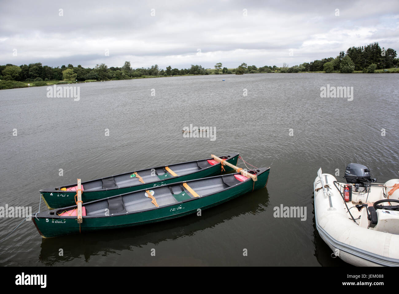 Tandem canoes joined together at Yeadon Tarn, Leeds, Yorkshire, UK Stock Photo