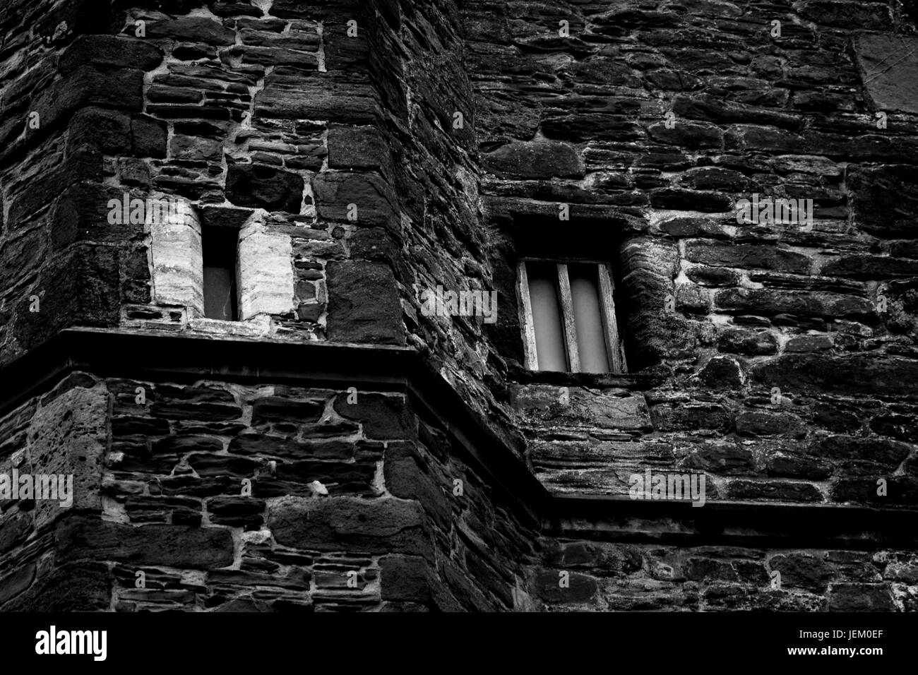 Small old church windows in a remote part of South Wales. Stock Photo