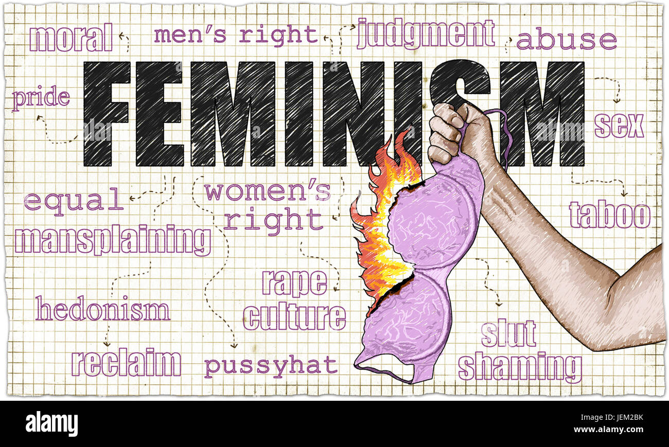 Feminism Illustrated with burning Bra and Words Stock Photo Alamy