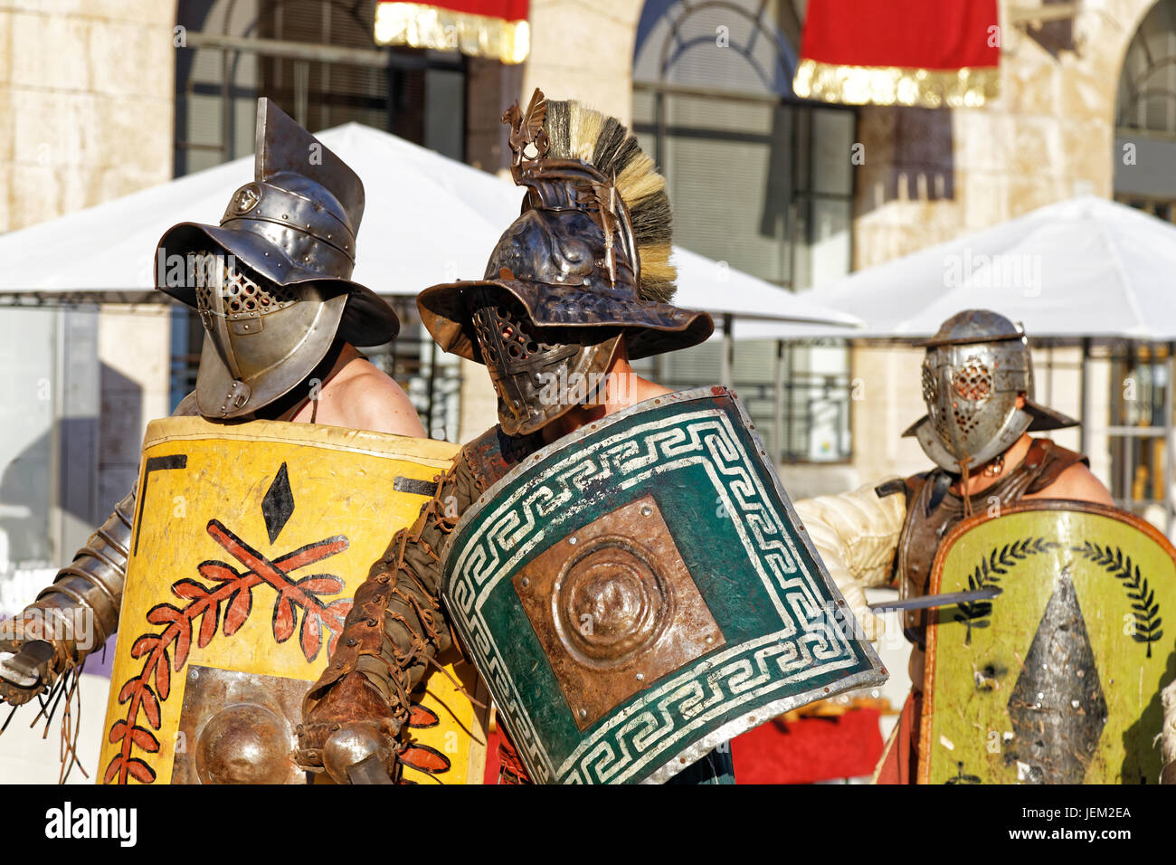group of roman gladiators going to battle Stock Photo