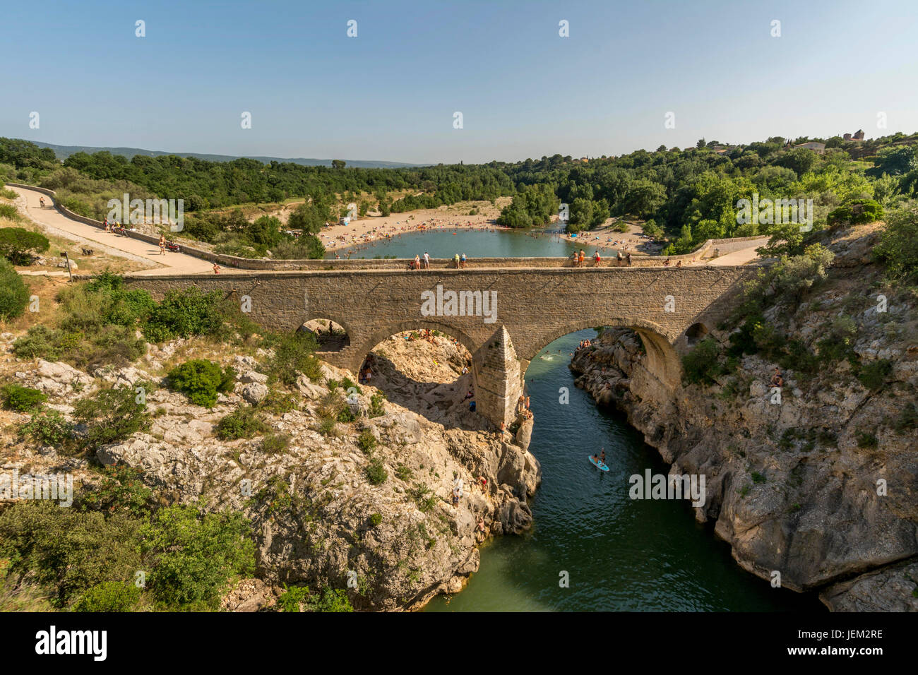 The devil's bridge old roman bridge near St-Guilhem-le-Desert, Herault, Occitanie, France, Stock Photo