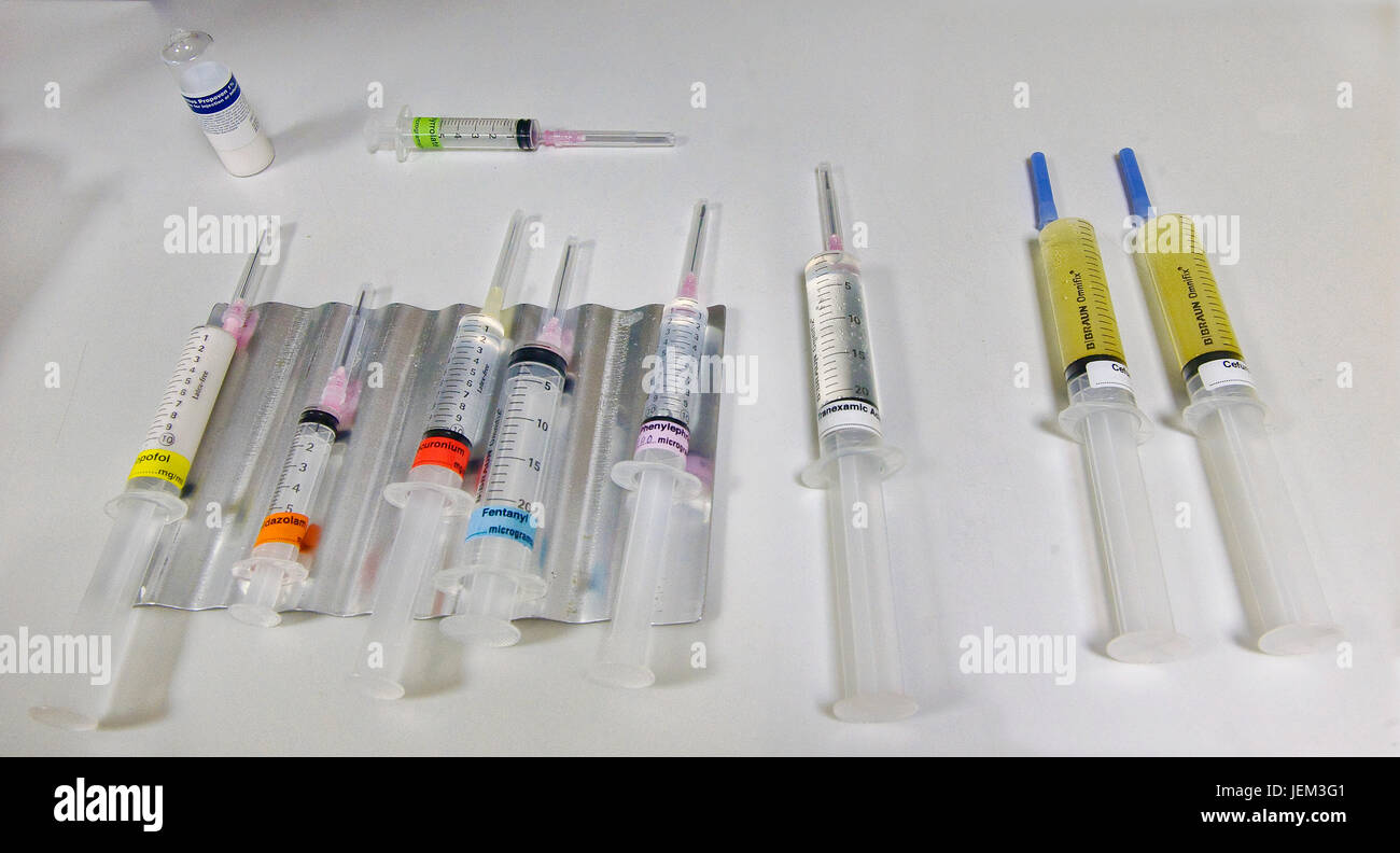 Anaesthetic drugs laid out in the anaesthesia room of a hospital operating theatre. Stock Photo