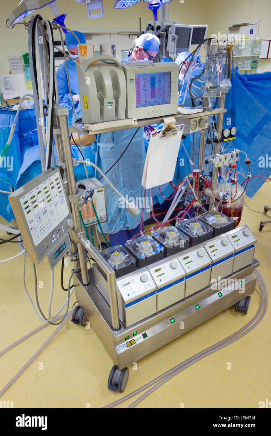 Heart-lung machine which has taken over the heart & lung functions of the patient having Coronary Artery Bypass Graft surgery. Stock Photo