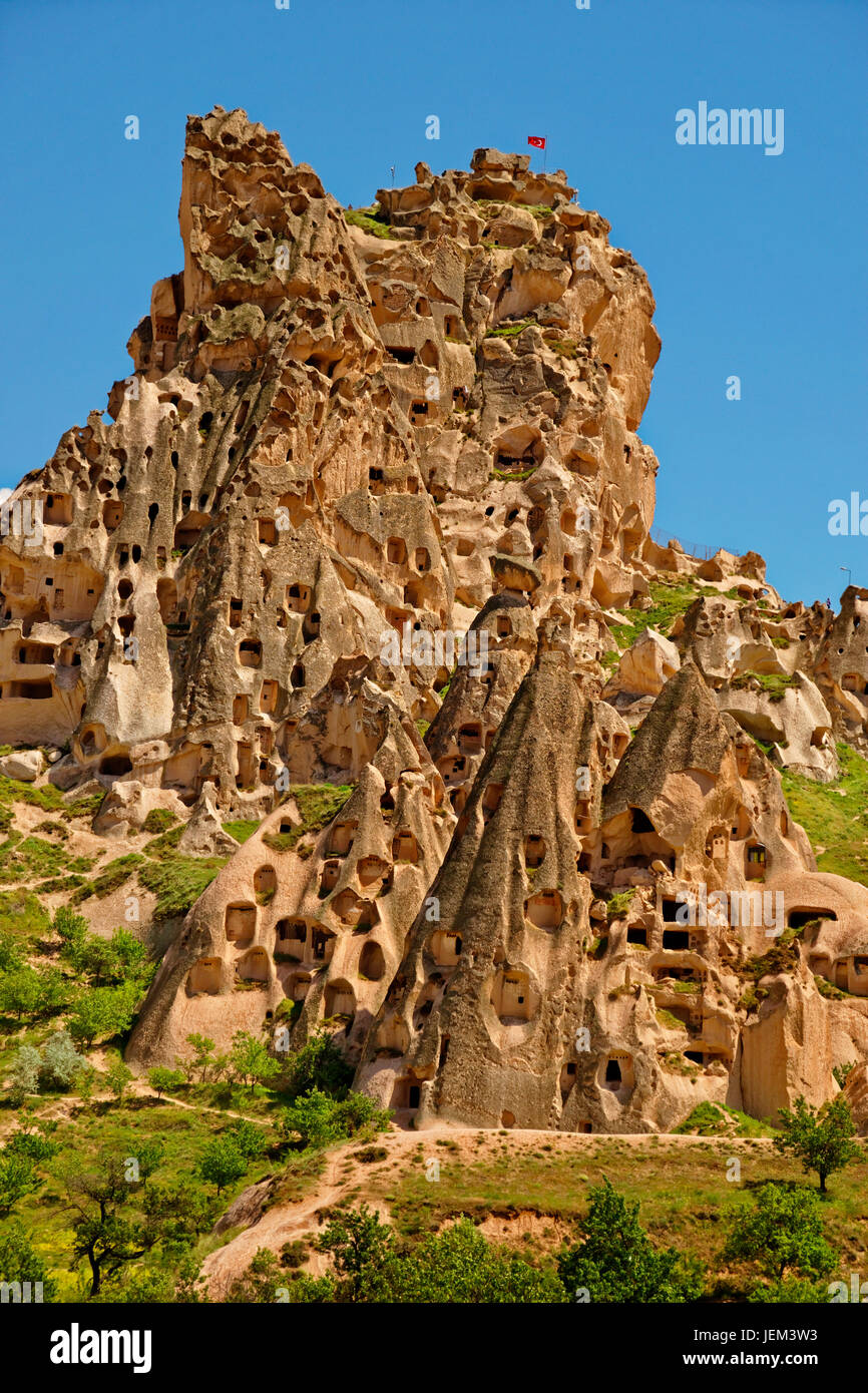 Uchisar cave dwellings at Goreme National Park, Cappadocia, Turkey Stock Photo