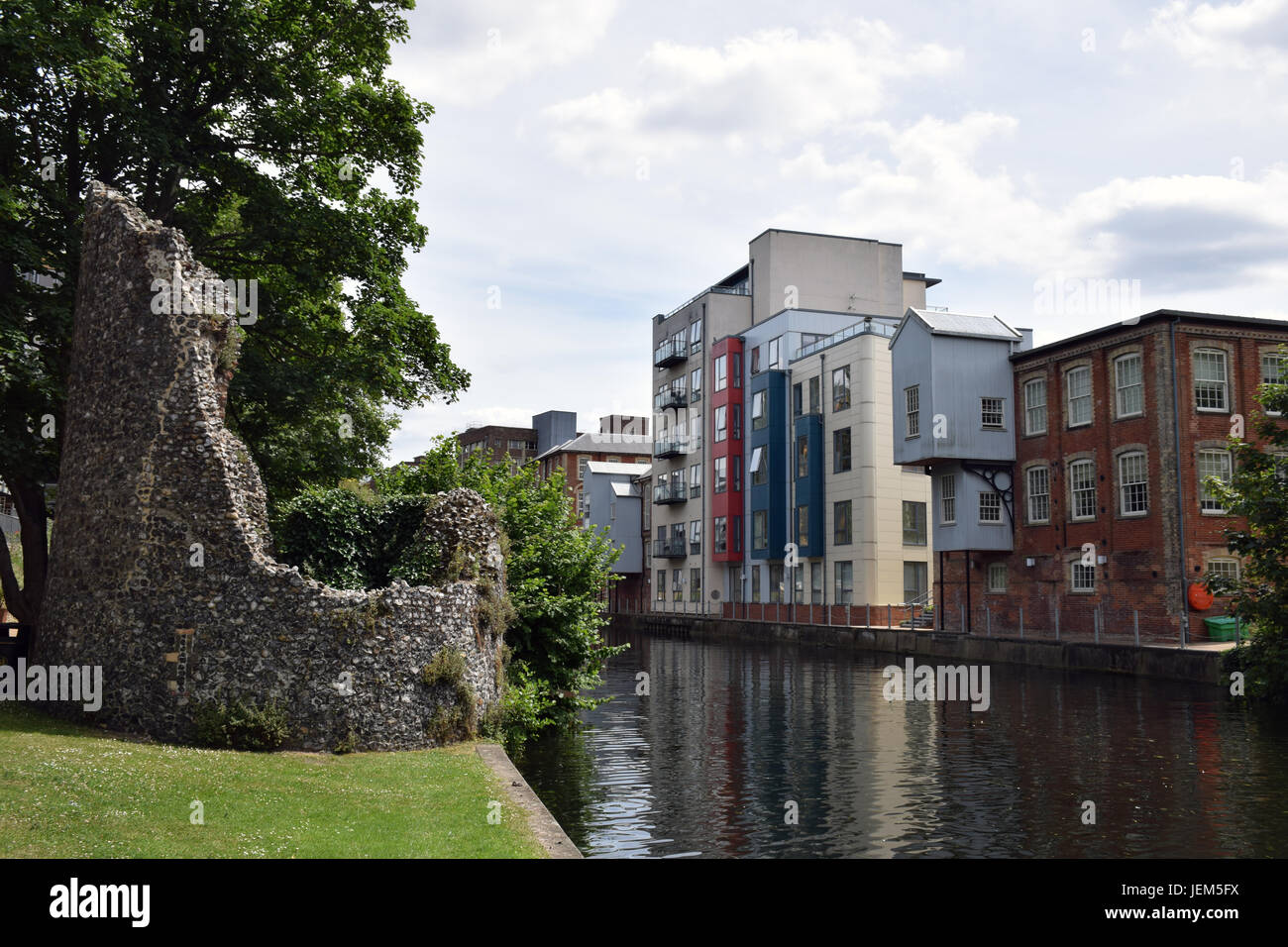 New housing developments on bank of River Wensum, Norwich UK 2017. On ...