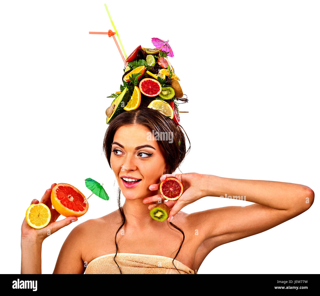 Girl Drinking Fruit Cocktail On Summer Party Woman Fruits