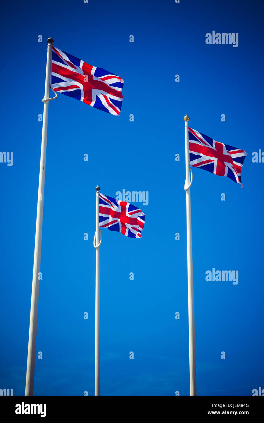 Trio of Union Jack Great Britain flags Stock Photo