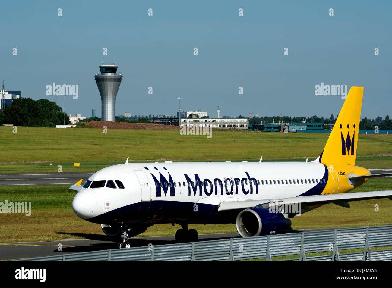 Monarch Airlines Airbus A320 taxiing for take off at Birmingham Airport, UK (G-ZBAH) Stock Photo