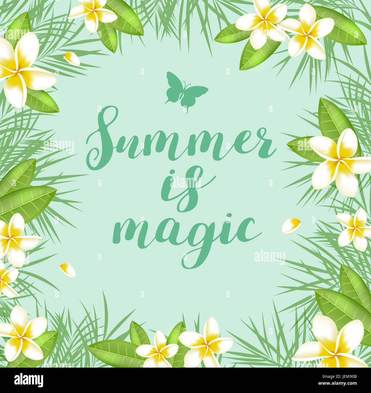 Green summer tropical background with palm leaves and flowers. Summer ...