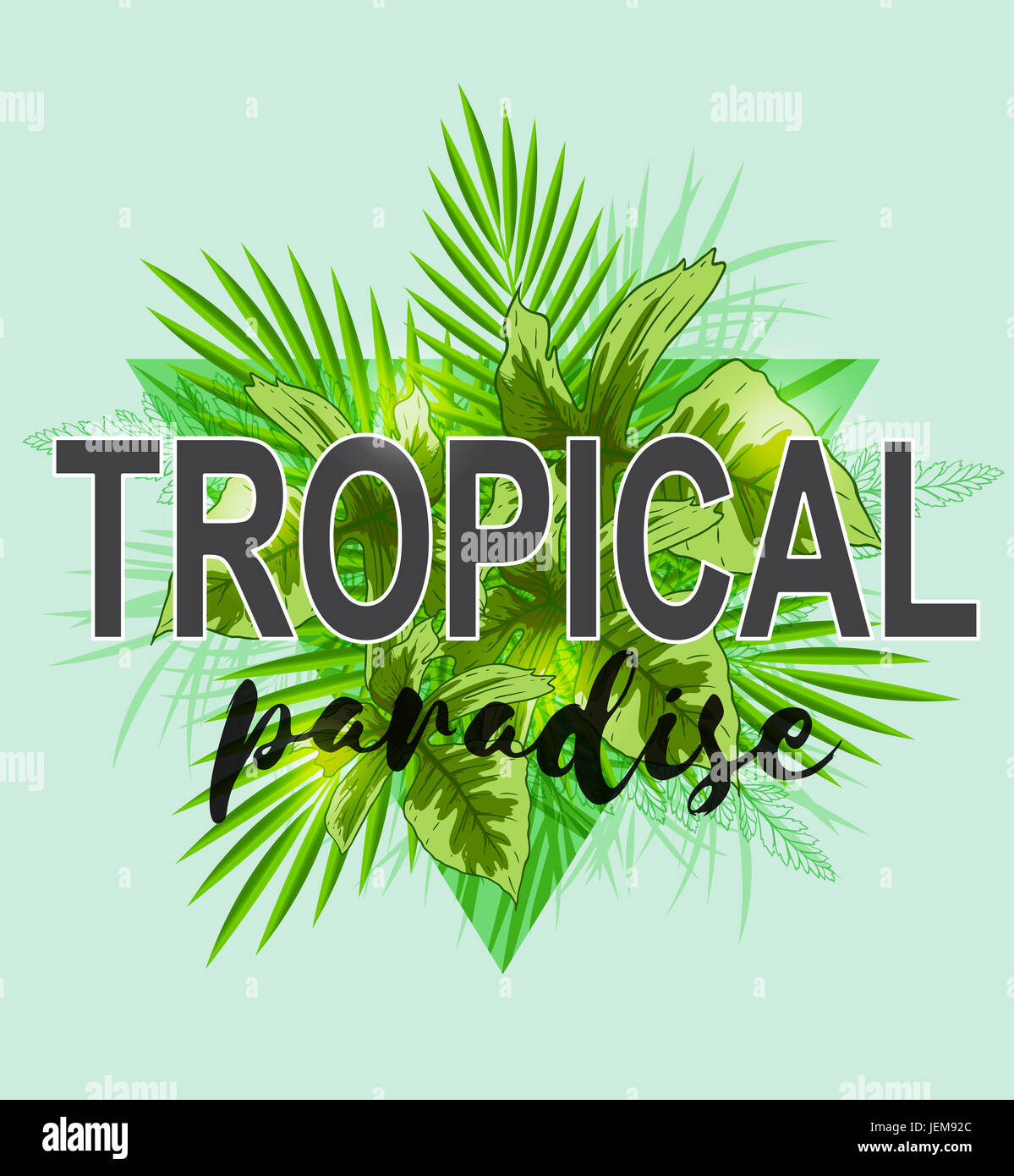 Abstract triangle tropical background with green palm leaves. Tropical paradise lettering Stock Photo