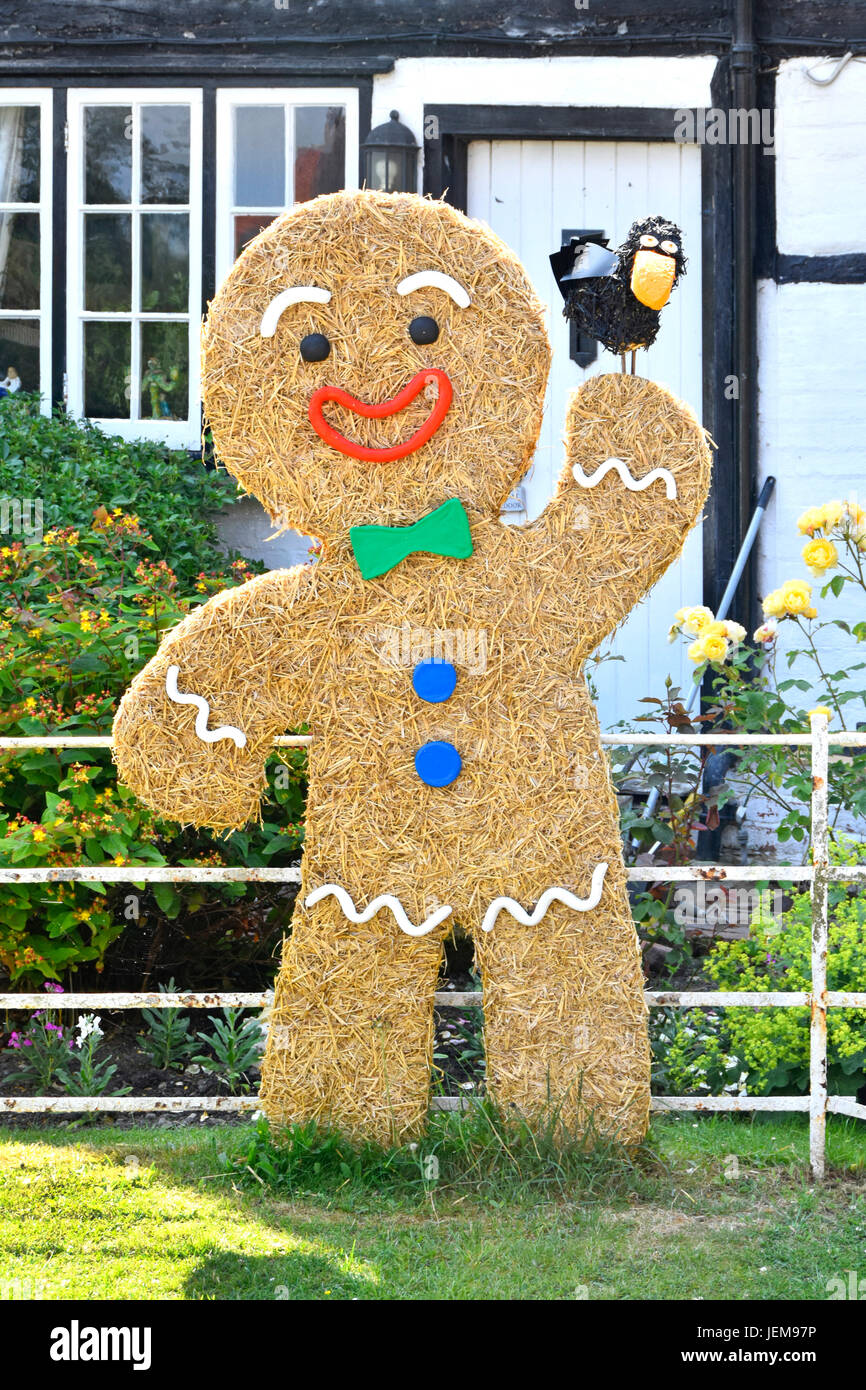 Lifesize gingerbread man made of straw displayed on grass verge in East Hagbourne & apparently entered into village scarecrow trail for kids to find Stock Photo