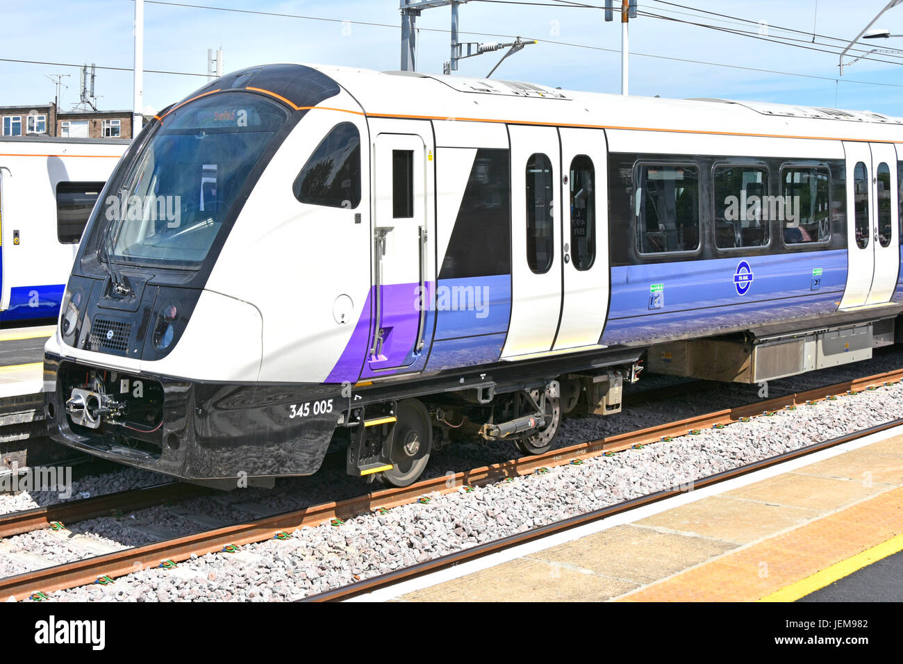 New tfl rail Crossrail class 345 train on Elizabeth Line on passenger all station service arrive Shenfield Essex from London Liverpool St 26/06/17 Stock Photo