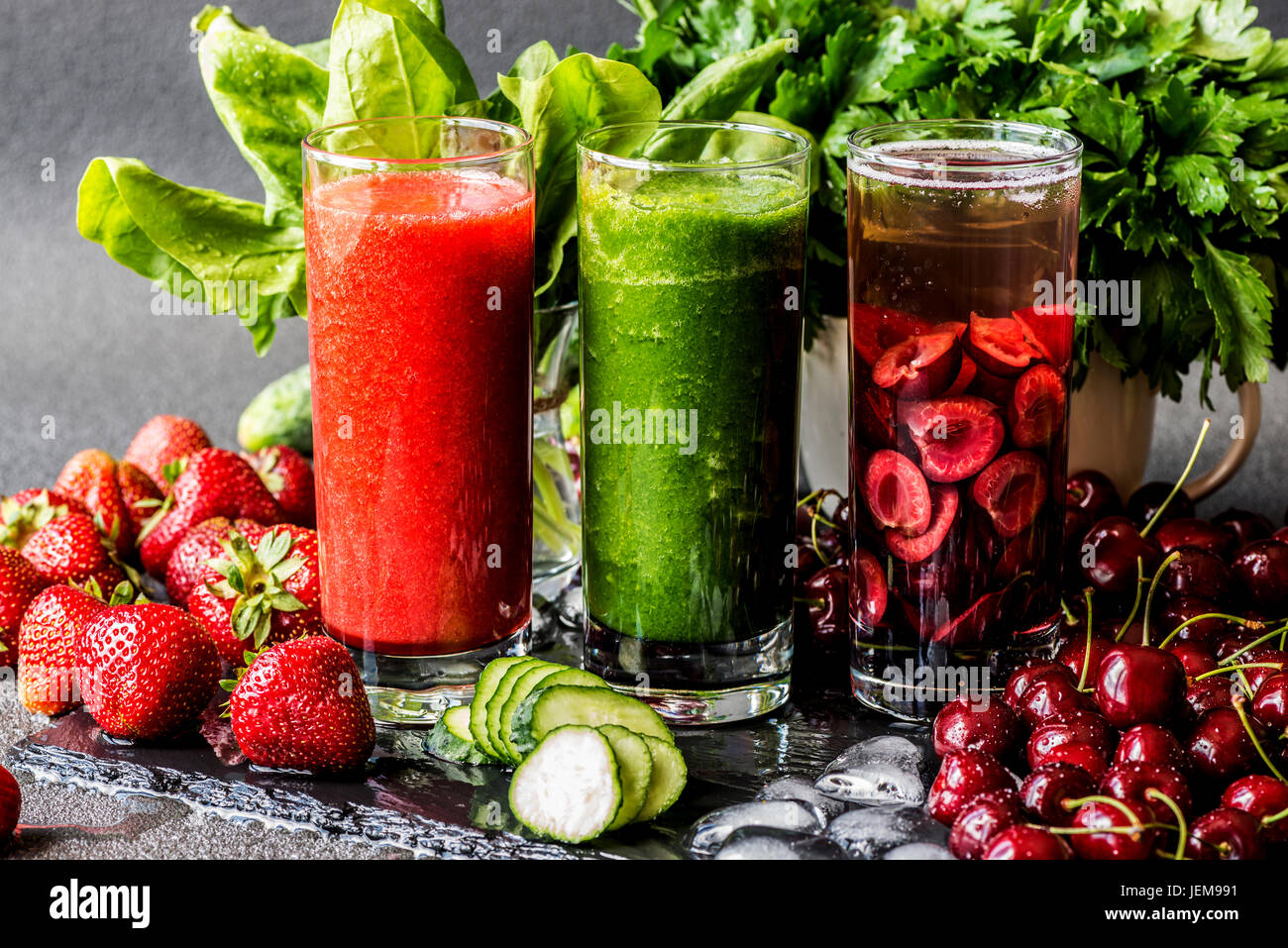 Strawberry smoothie. Detox water with cherries and green smoothie with
