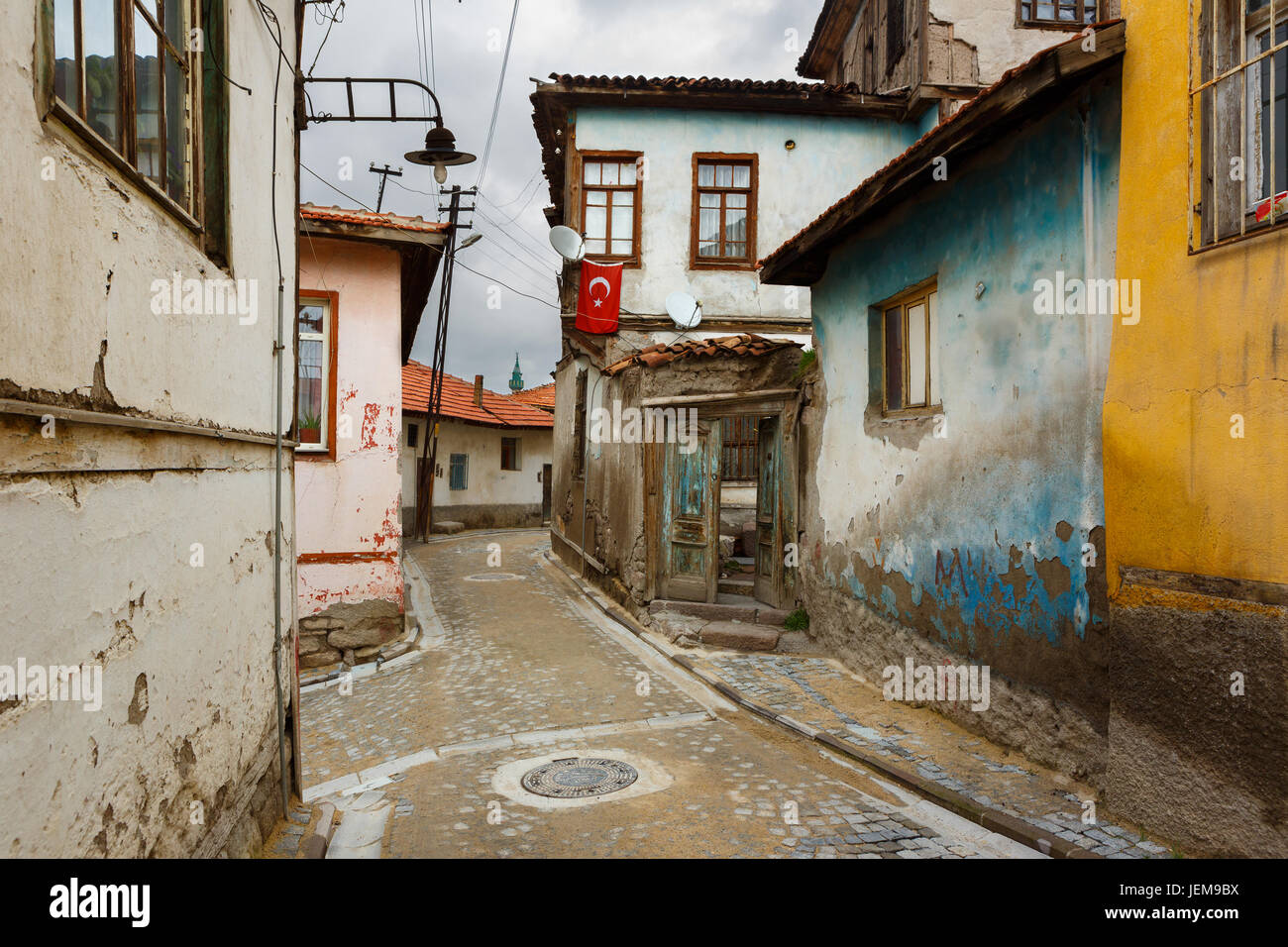 Narrow streets and historical houses in the old town of Ankara City, Turkey Stock Photo