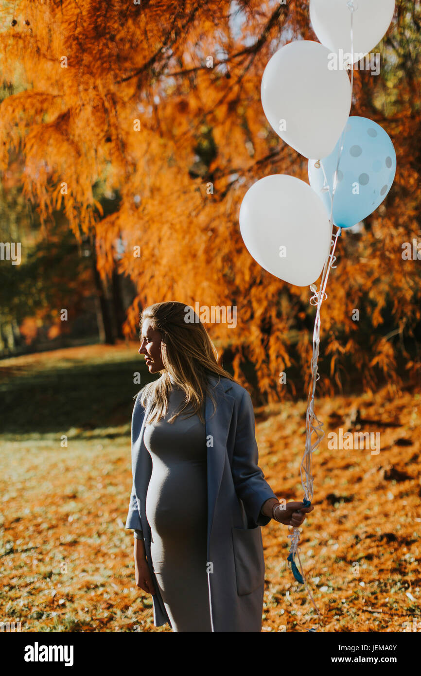 Young pregnant woman walks in autumn park with balloons in hand Stock ...