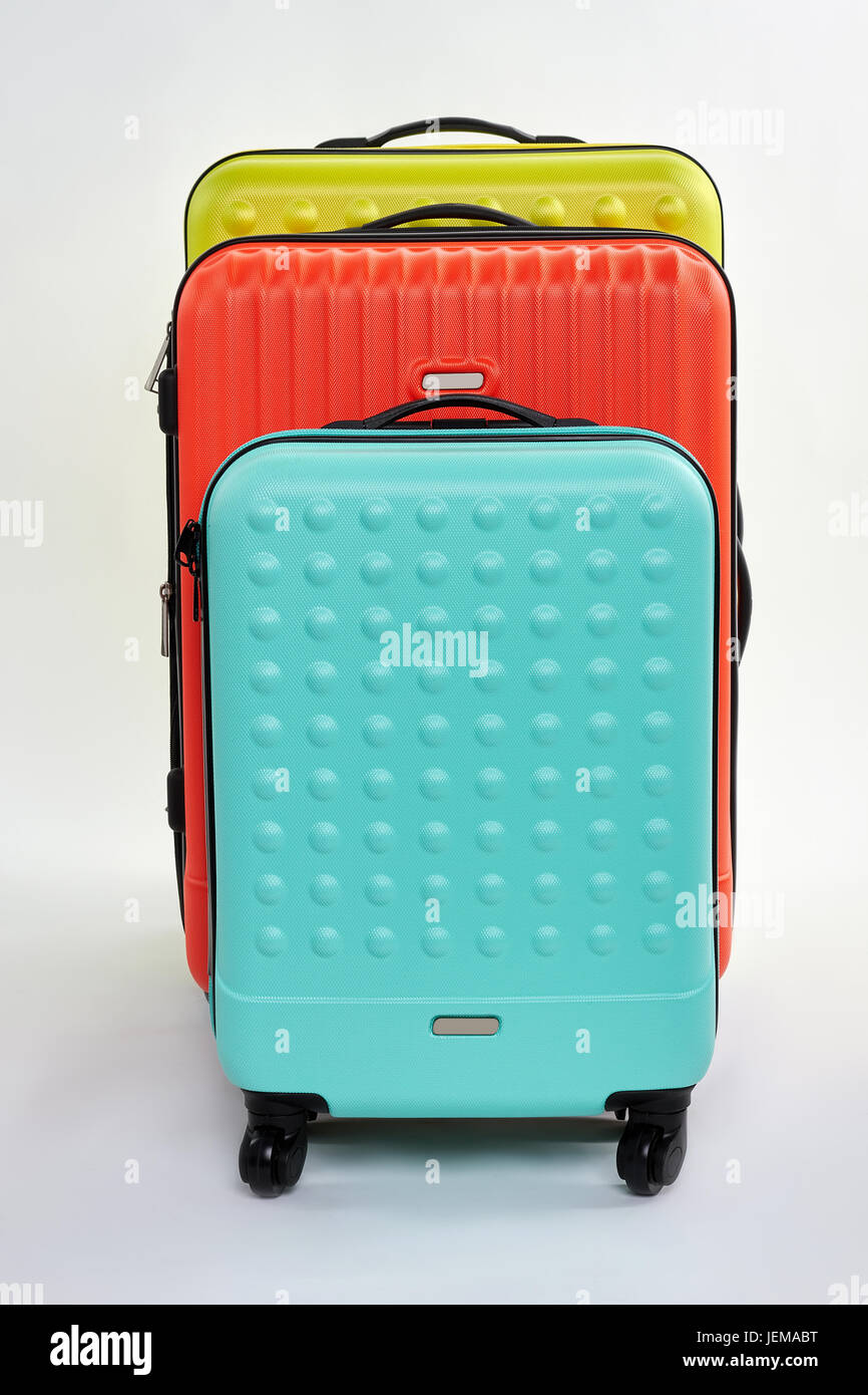 Set Of Traveller Suitcases Colored Bags For Traveler Front View Stock set-of-traveller-suitcases-colored-bags-for-traveler-front-view-stock