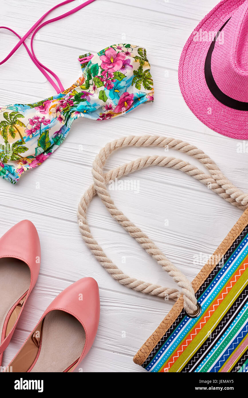 Fashion set and beach accessories. Women summer vacation background